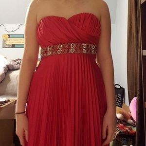strapless red prom dress